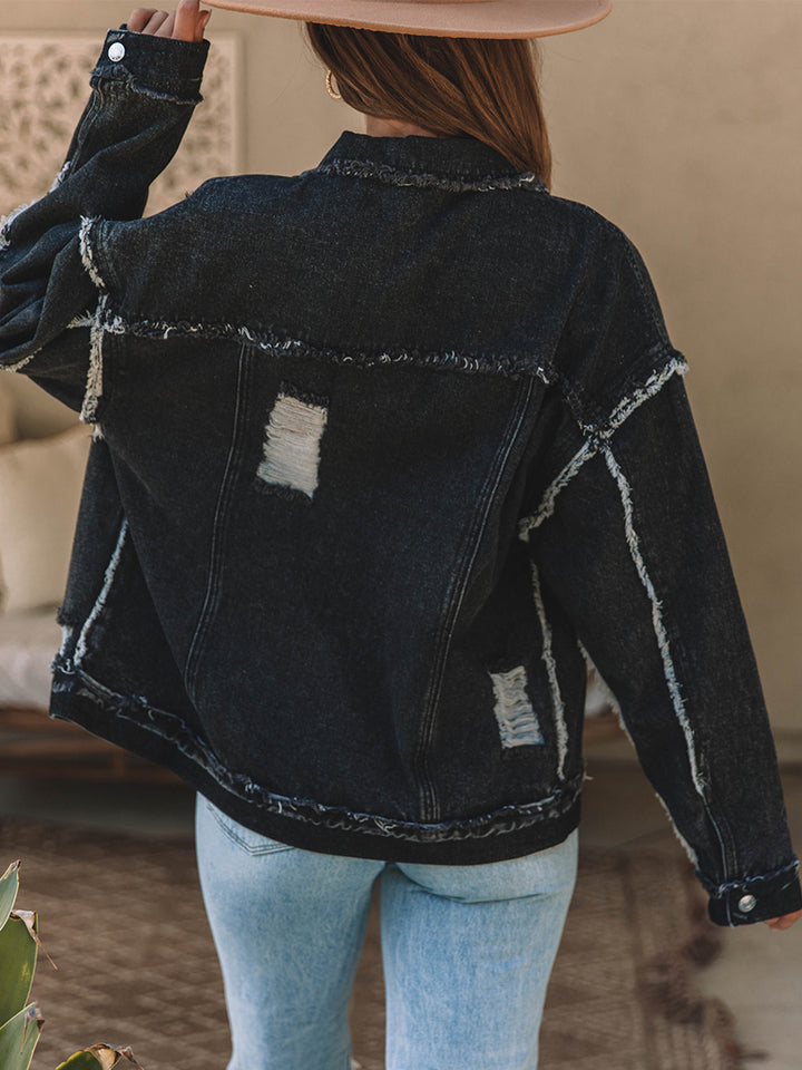 Nelly | Women's Button Up Raw Hem Distressed Denim Jacket