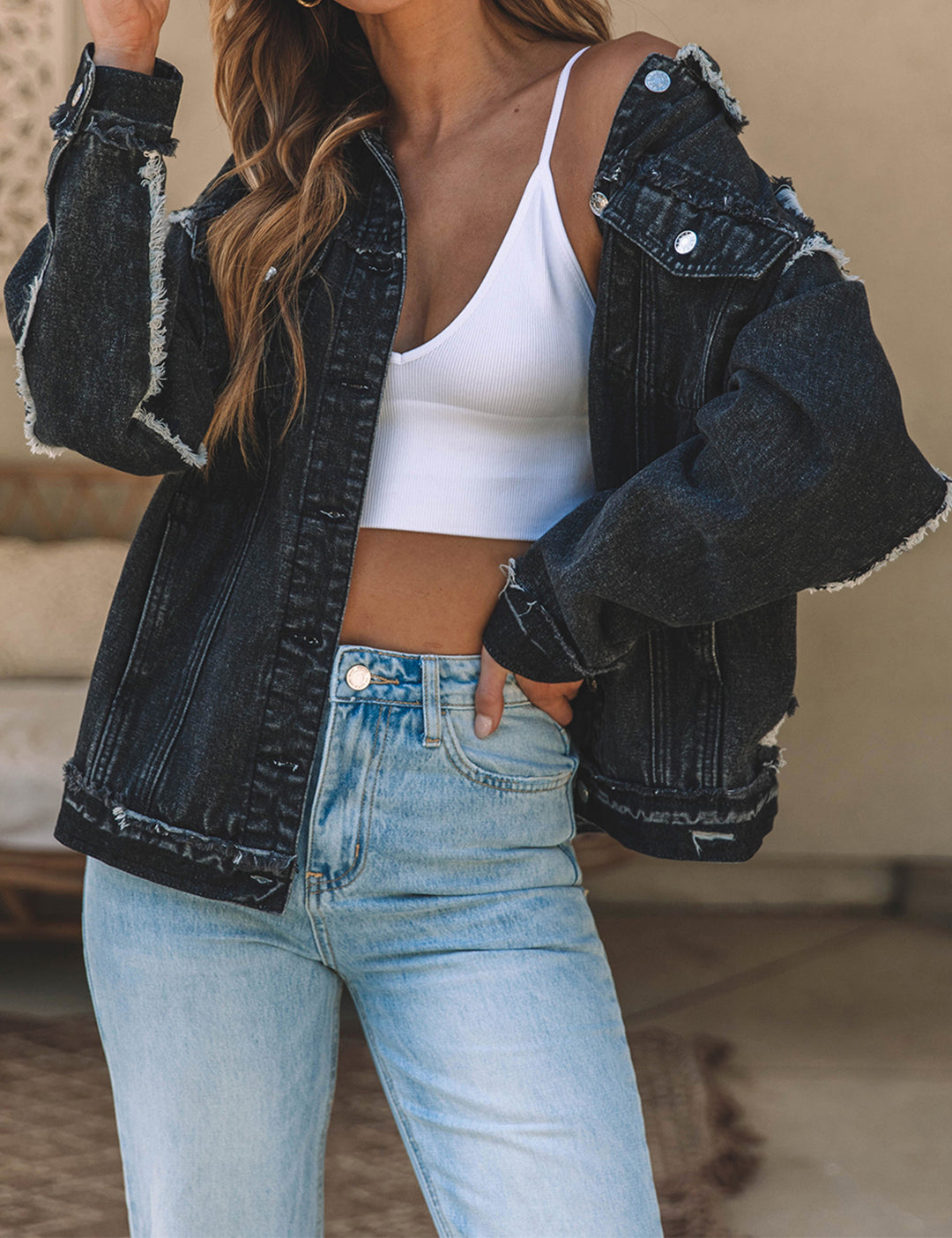 Nelly | Women's Button Up Raw Hem Distressed Denim Jacket