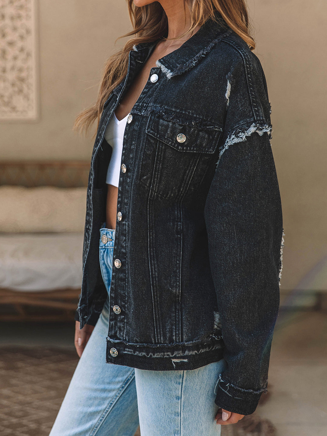 Nelly | Women's Button Up Raw Hem Distressed Denim Jacket