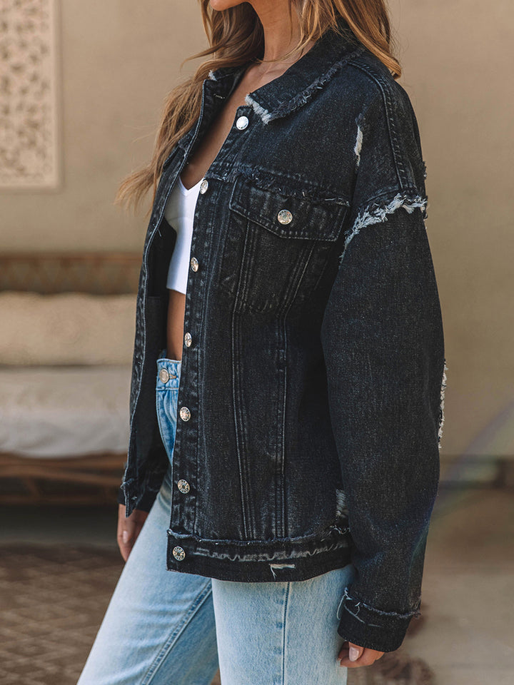 Nelly | Women's Button Up Raw Hem Distressed Denim Jacket