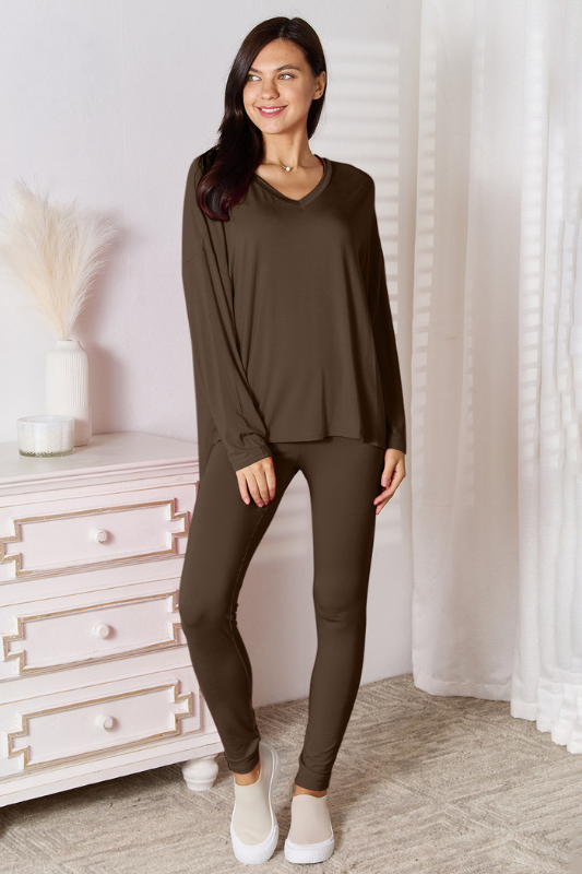 Camila | Women's Full Size V-Neck Long Sleeve Top and Pants Lounge Set