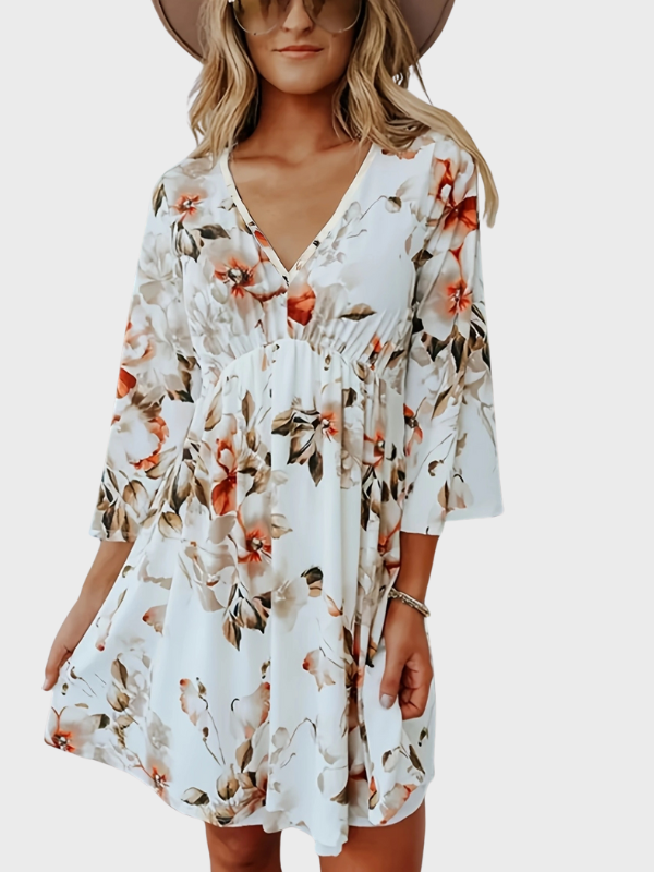 Catherine | Women's Floral V-Neck Three-Quarter Sleeve Mini Dress