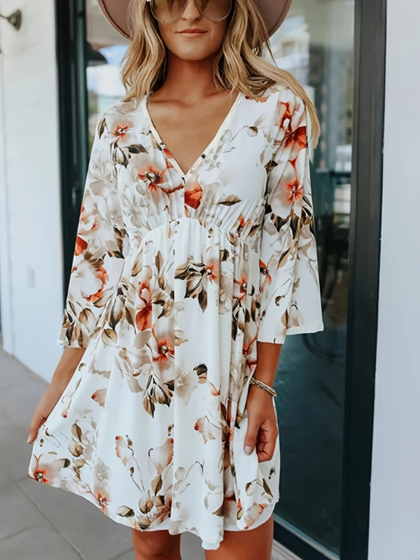 Catherine | Women's Floral V-Neck Three-Quarter Sleeve Mini Dress