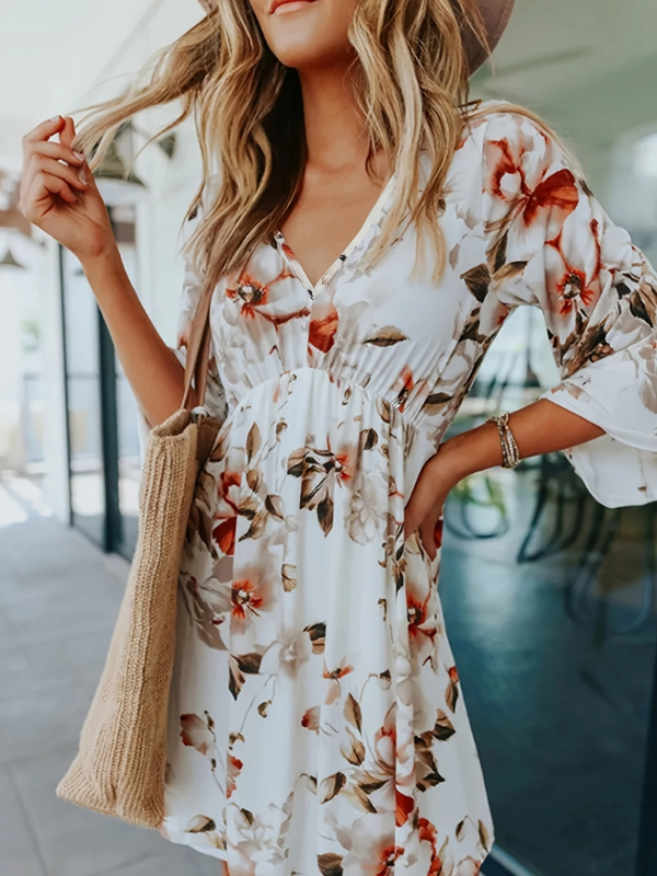 Catherine | Women's Floral V-Neck Three-Quarter Sleeve Mini Dress