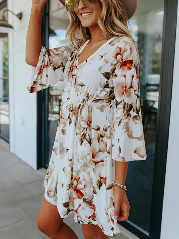 Catherine | Women's Floral V-Neck Three-Quarter Sleeve Mini Dress