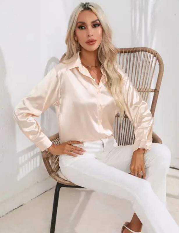 Champagne Women’s Relaxed Button-Up Blouse on the model