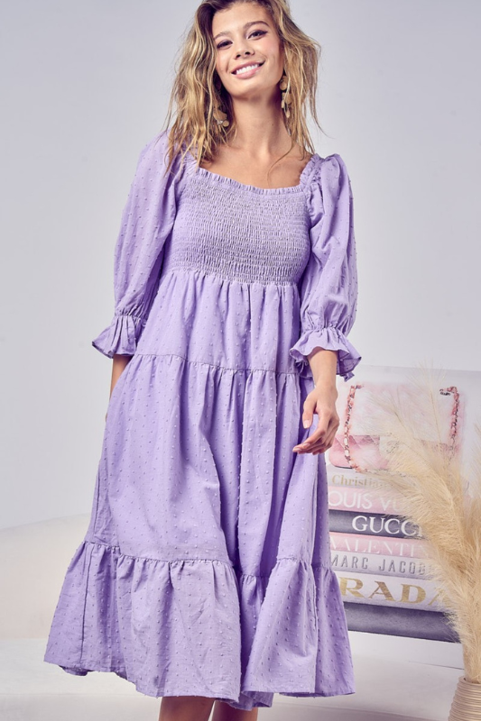 Chloe | Women's Swiss Dot Flounce Sleeve Smocked Tiered Midi Dress