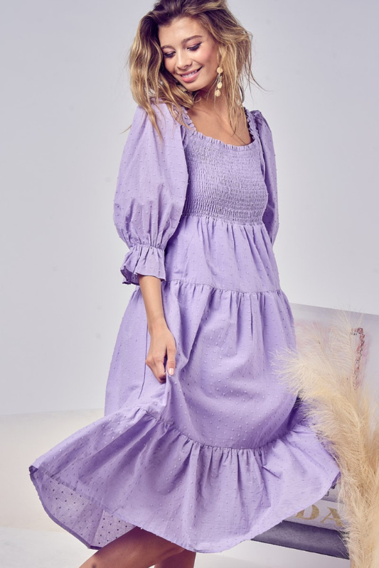 Chloe | Women's Swiss Dot Flounce Sleeve Smocked Tiered Midi Dress