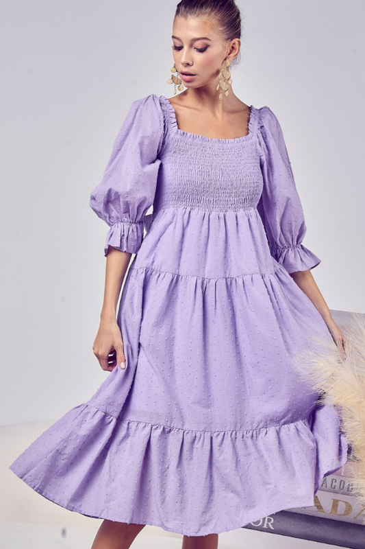 Chloe | Women's Swiss Dot Flounce Sleeve Smocked Tiered Midi Dress
