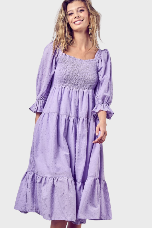 Chloe | Women's Swiss Dot Flounce Sleeve Smocked Tiered Midi Dress