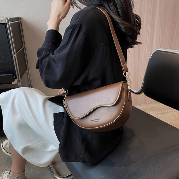 Coffee Women’s Half-Moon  Wide Strap Shoulder Bag on the model