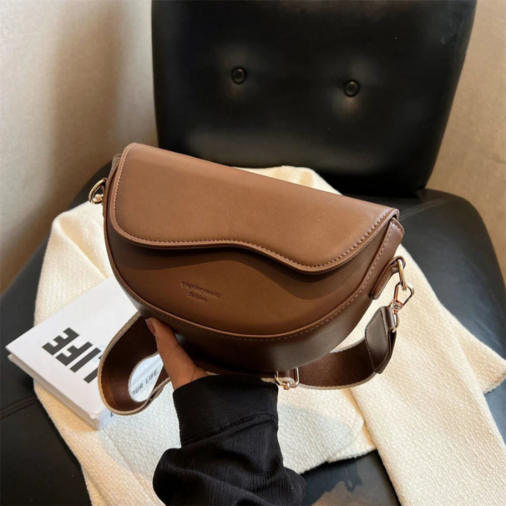 Coffee Women’s Half-Moon  Wide Strap Shoulder Bag on the model
