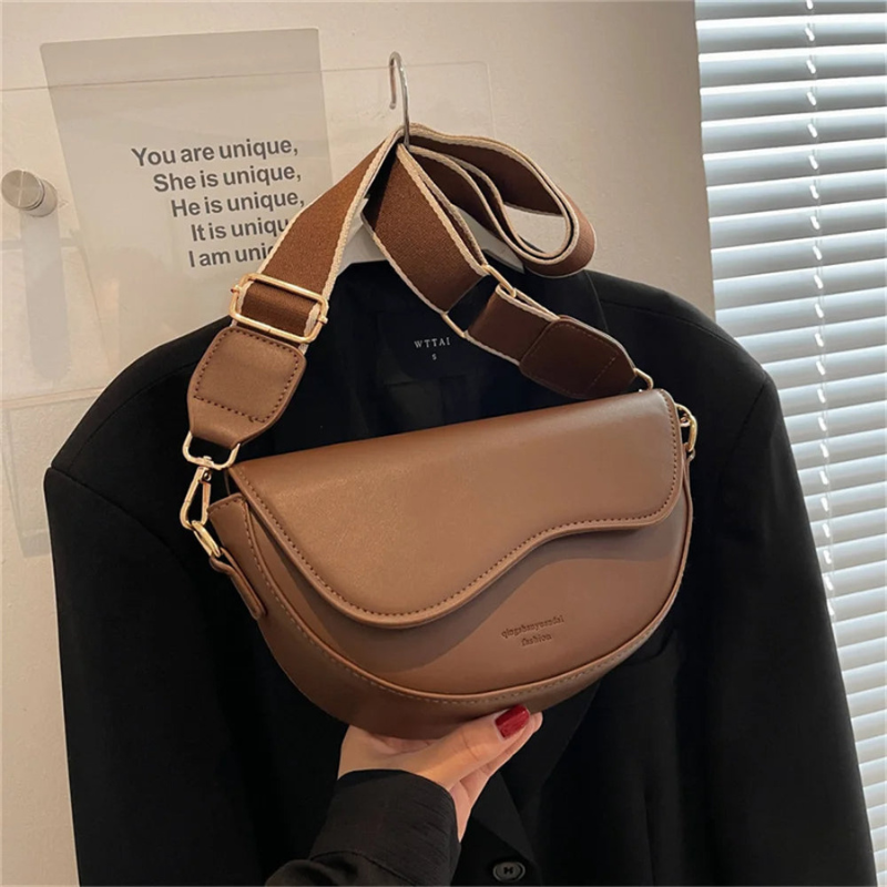 Coffee Women’s Half-Moon  Wide Strap Shoulder Bag on the model
