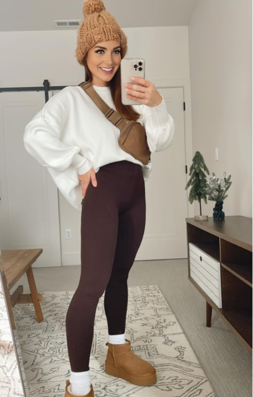 Coffee Women’s Winter Cozy-Style Fleece Leggings on the model