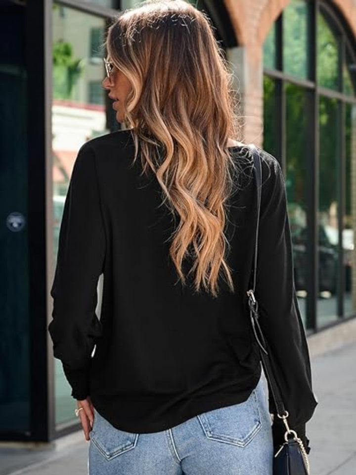 Sandra | Women's Round Neck Smocked Lantern Sleeve T-Shirt