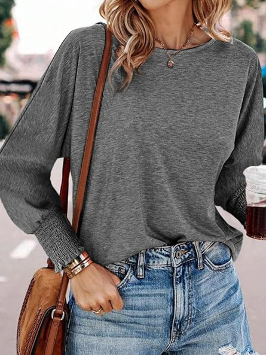 Sandra | Women's Round Neck Smocked Lantern Sleeve T-Shirt