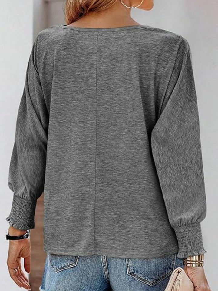 Sandra | Women's Round Neck Smocked Lantern Sleeve T-Shirt