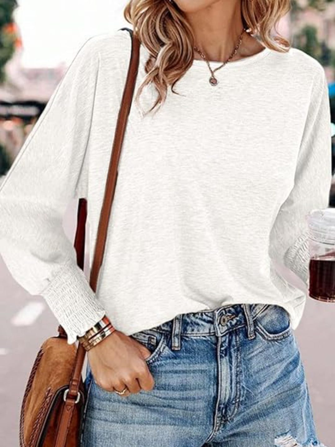 Sandra | Women's Round Neck Smocked Lantern Sleeve T-Shirt