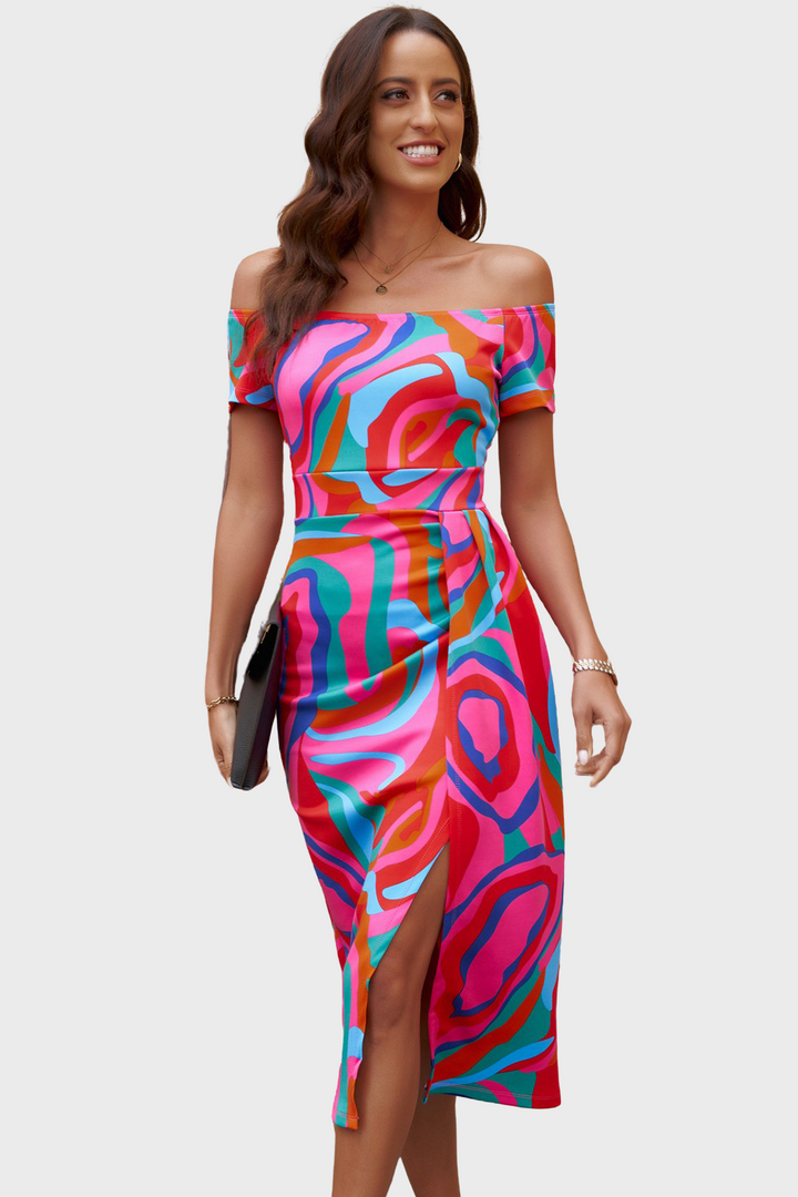 Printed Off-Shoulder Split Dress