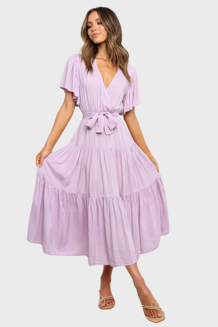 Tied Back Tiered Short Sleeve Midi Dress