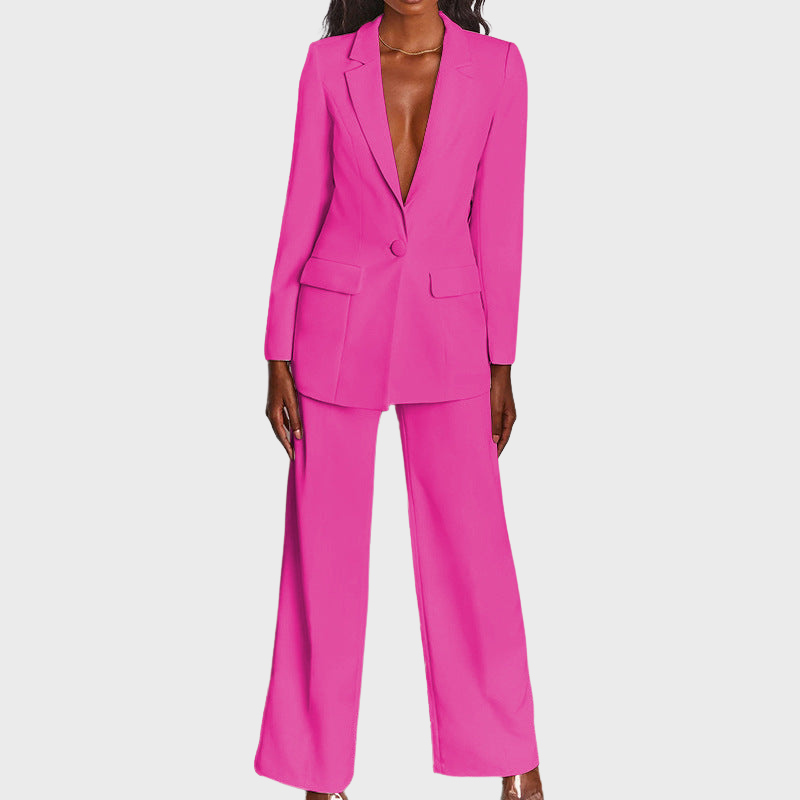 Pink Women’s Elegant Tailored Fit Blazer & Trousers Set on model