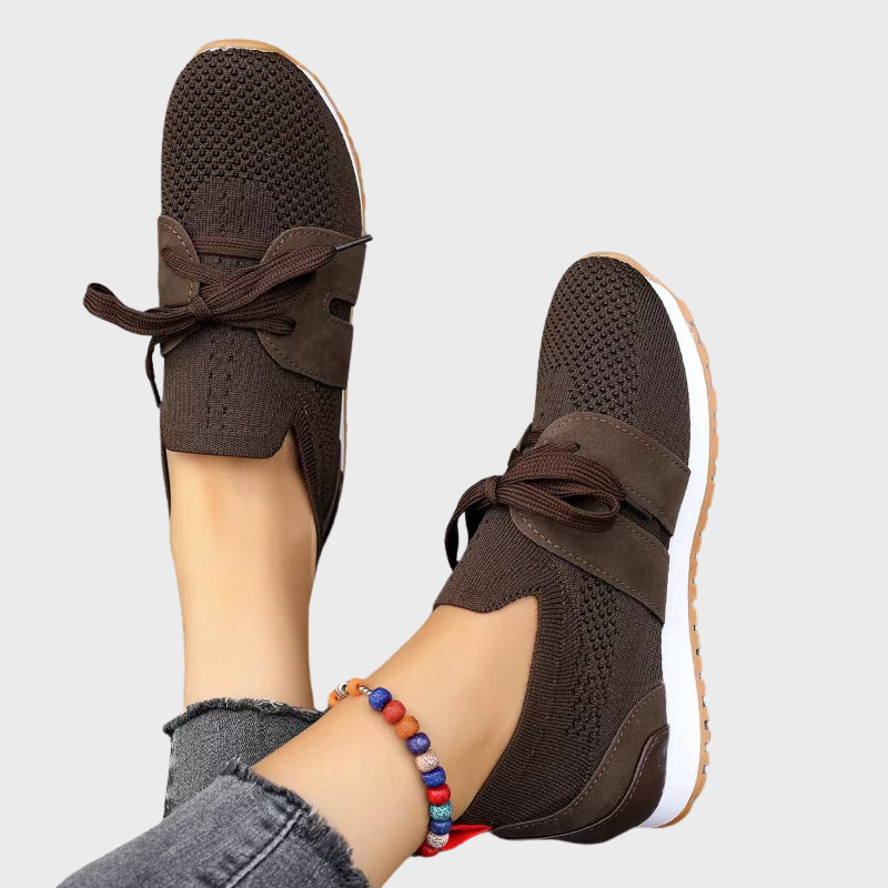 Brown Women’s Orthopedic-Ergonomic Fit Sneakers on the model