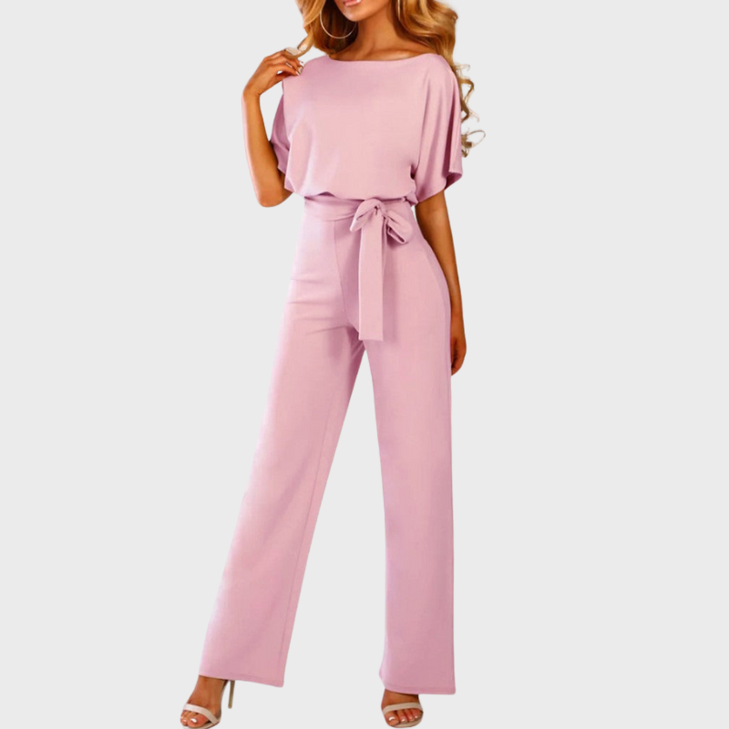 Pink Women’s Chic Tie Waist Wide-Leg Jumpsuit on the model