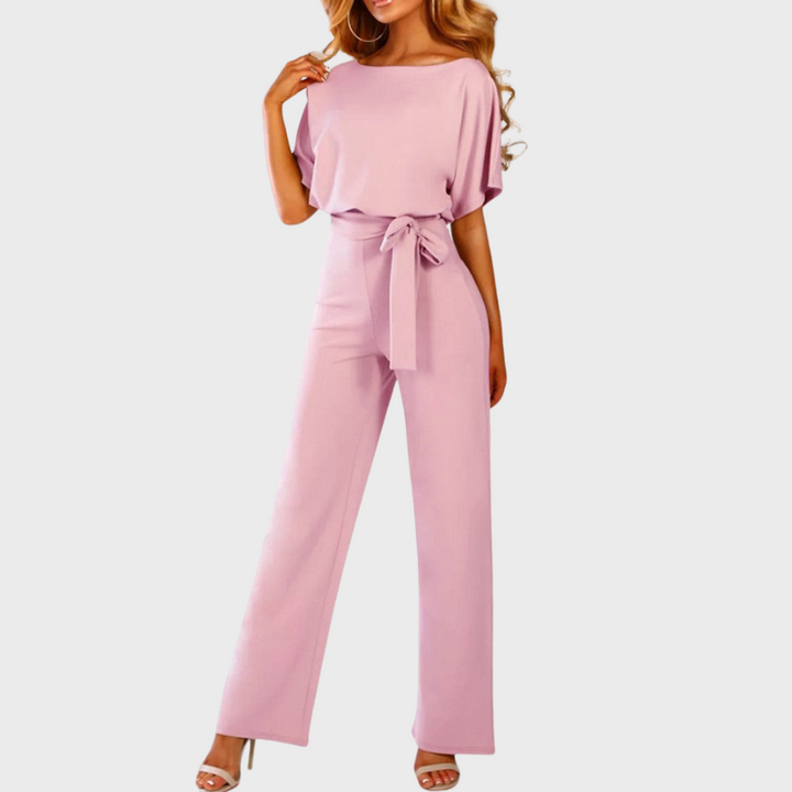 Pink Women’s Chic Tie Waist Wide-Leg Jumpsuit on the model
