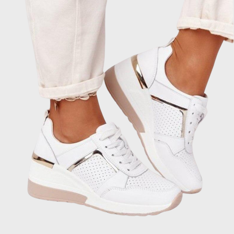 Beige Women’s Orthopedic Comfort Heel Sneakers on the model