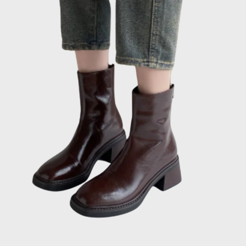 Brown Women’s Modern Square Toe Ankle Boots on the model