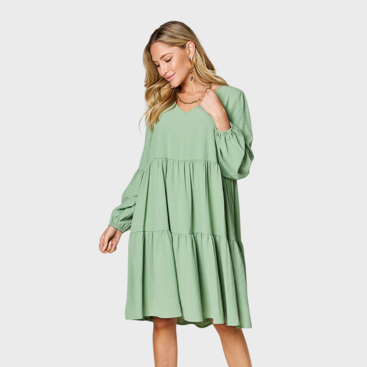 Nora | Women's Full Size V-Neck Balloon Sleeve Tiered Dress with Pockets
