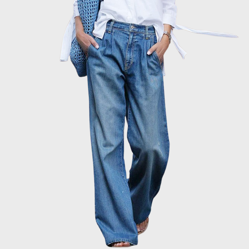 Blue Women’s High-Quality Wide-Leg Denim Jeans on model