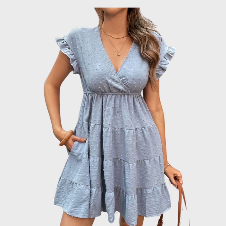 Perfee Swiss Dot Ruffled Tiered Mini Dress with Pockets