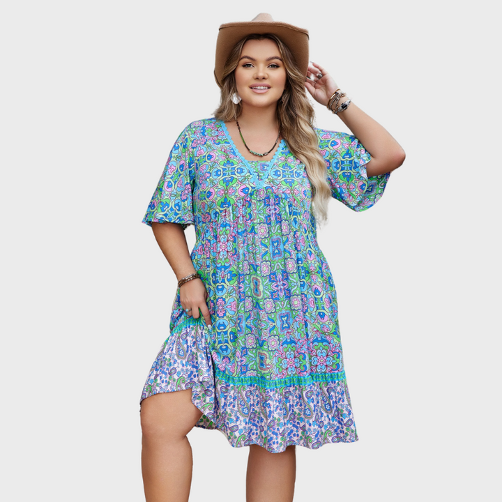 Plus Size Ruffled Hem Lace Detail Printed Half Sleeve Dress