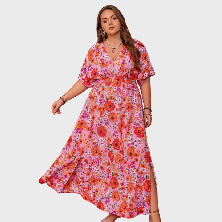 Plus Size Slit Floral V-Neck Half Sleeve Maxi Dress