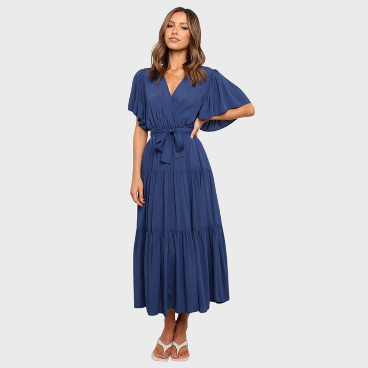 Front Tie Short Sleeve Tiered Midi Dress