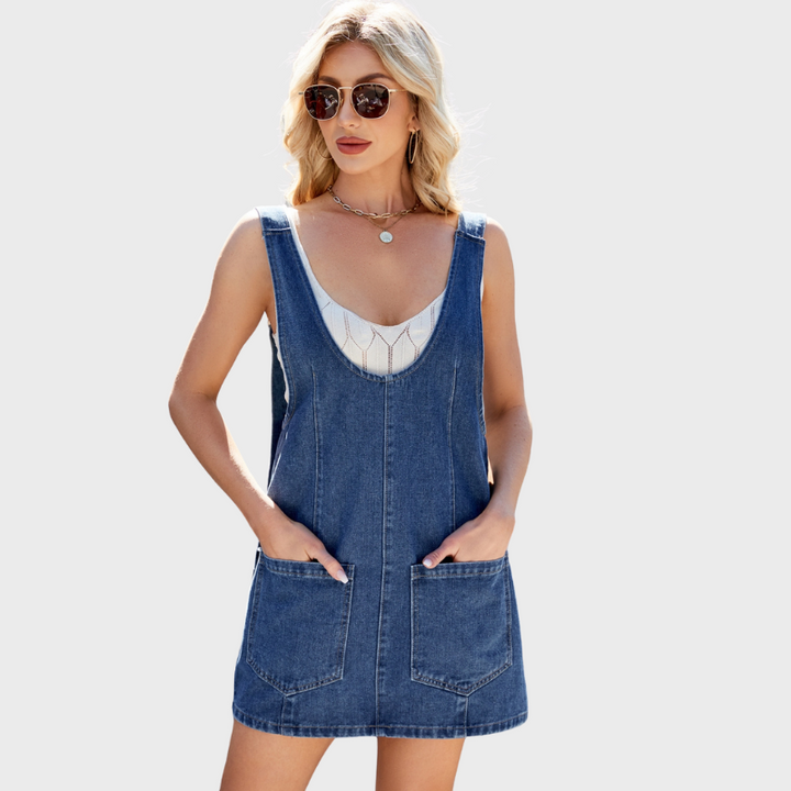 Violet | Women's Scoop Neck Denim Overall Dress with Pockets