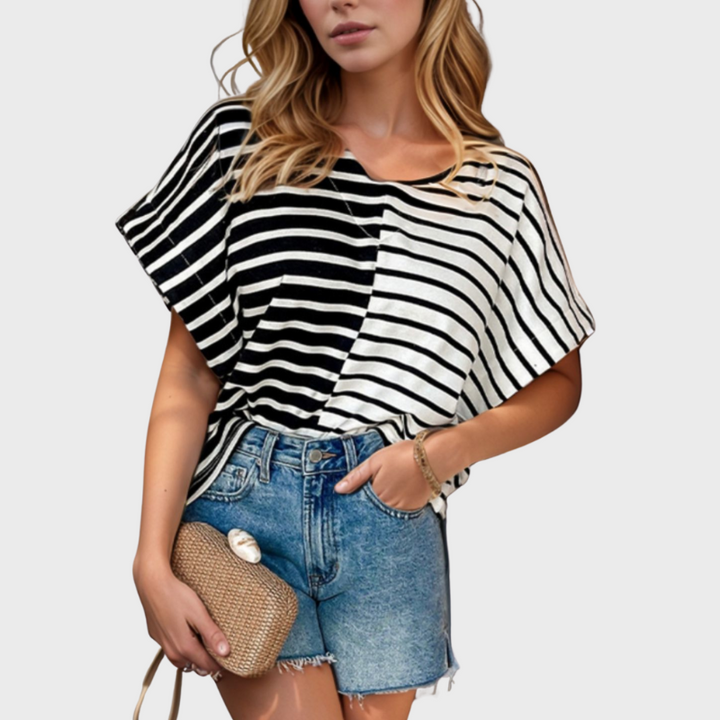 Gabriella | Women's Stripe Two Tone Colorblock V-Neck T-Shirt