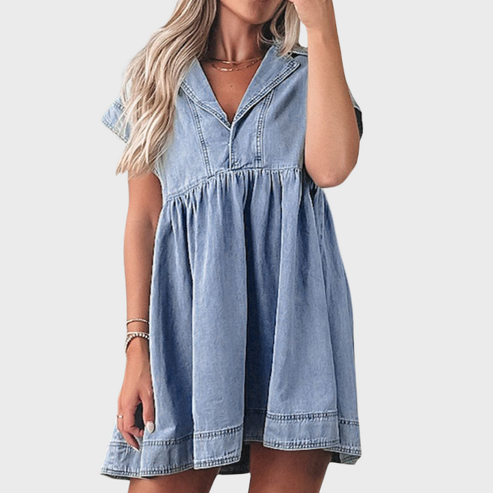 Nevaeh | Lapel Neck Cap Sleeve Denim Babydoll Dress