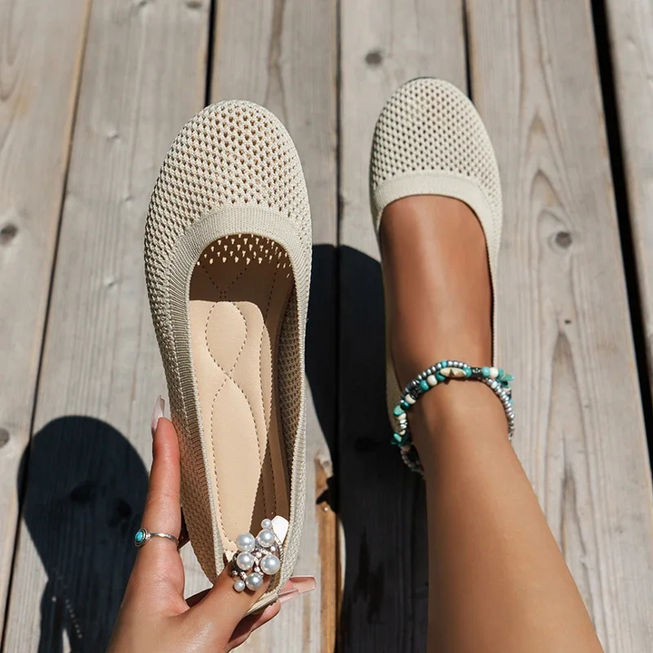 Cream Women’s Breathable Mesh Slip-On Flats on the model