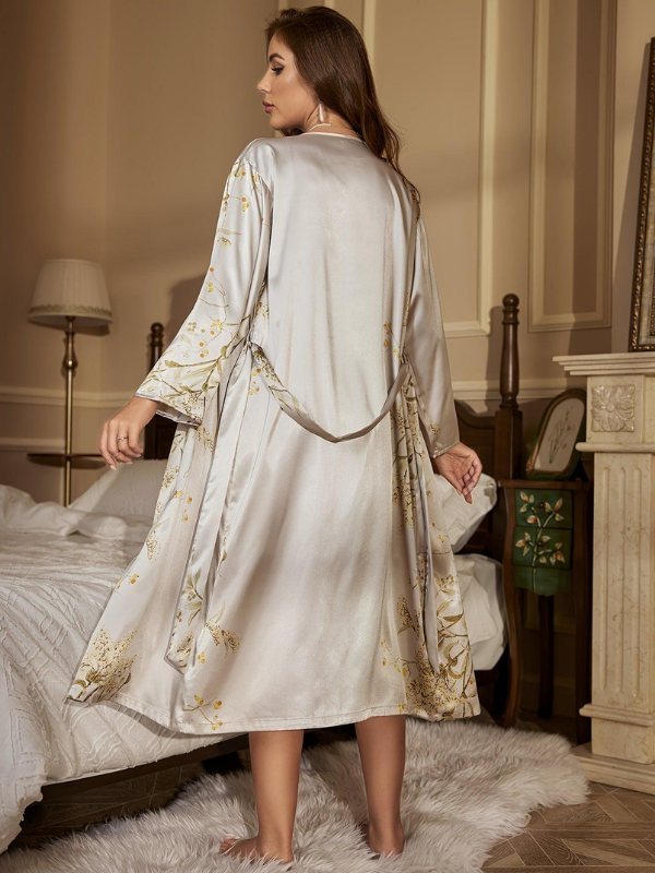 Cream Women’s Long 2-Piece Nightgown Set on the model