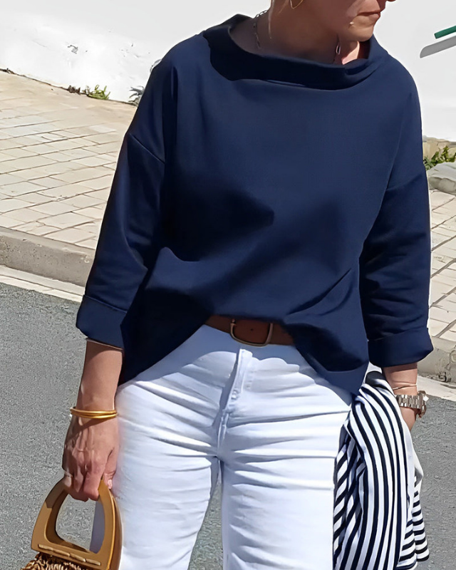 Dark Blue Women’s 3/4 Sleeve Relaxed Fit Boat Neck Blouse on the model