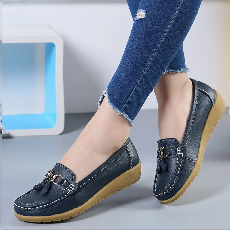 Dark Blue Women’s Classic Comfort Slip-On Ballerinas on the model