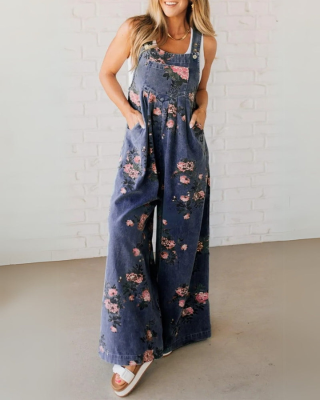 Dark Blue Women’s Pocketed Casual Printed Overalls on the model