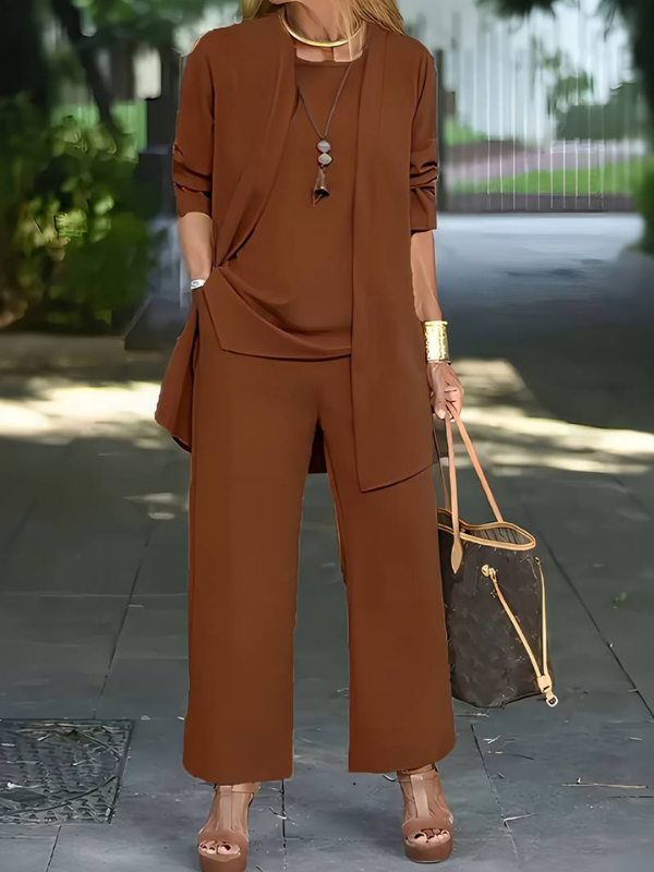 Dark Brown Women’s Everyday Comfort Three-Piece Lounge Set on the model