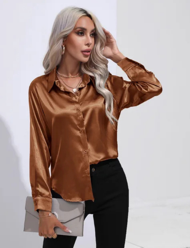 Dark Brown Women’s Relaxed Button-Up Blouse on the model
