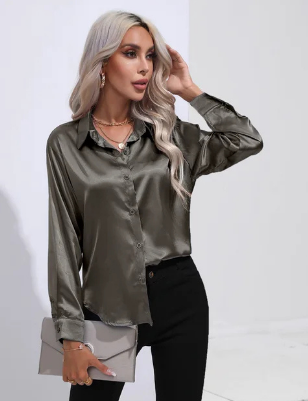 Dark Gray Women’s Relaxed Button-Up Blouse on the model