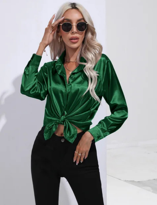 Dark Green Women’s Relaxed Button-Up Blouse on the model