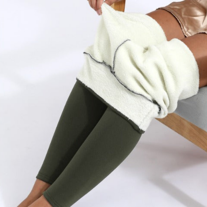 Dark Green Women’s Winter Cozy-Style Fleece Leggings on the model