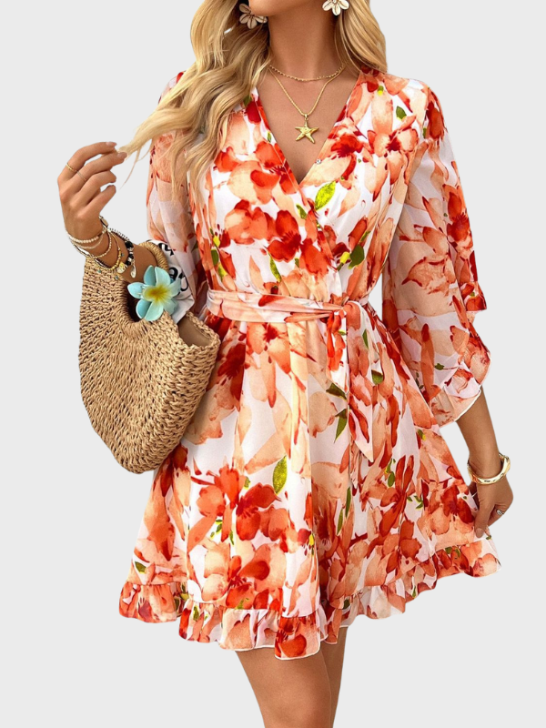 Devine Printed Surplice Ruffled 3/4 Sleeve Mini Dress
